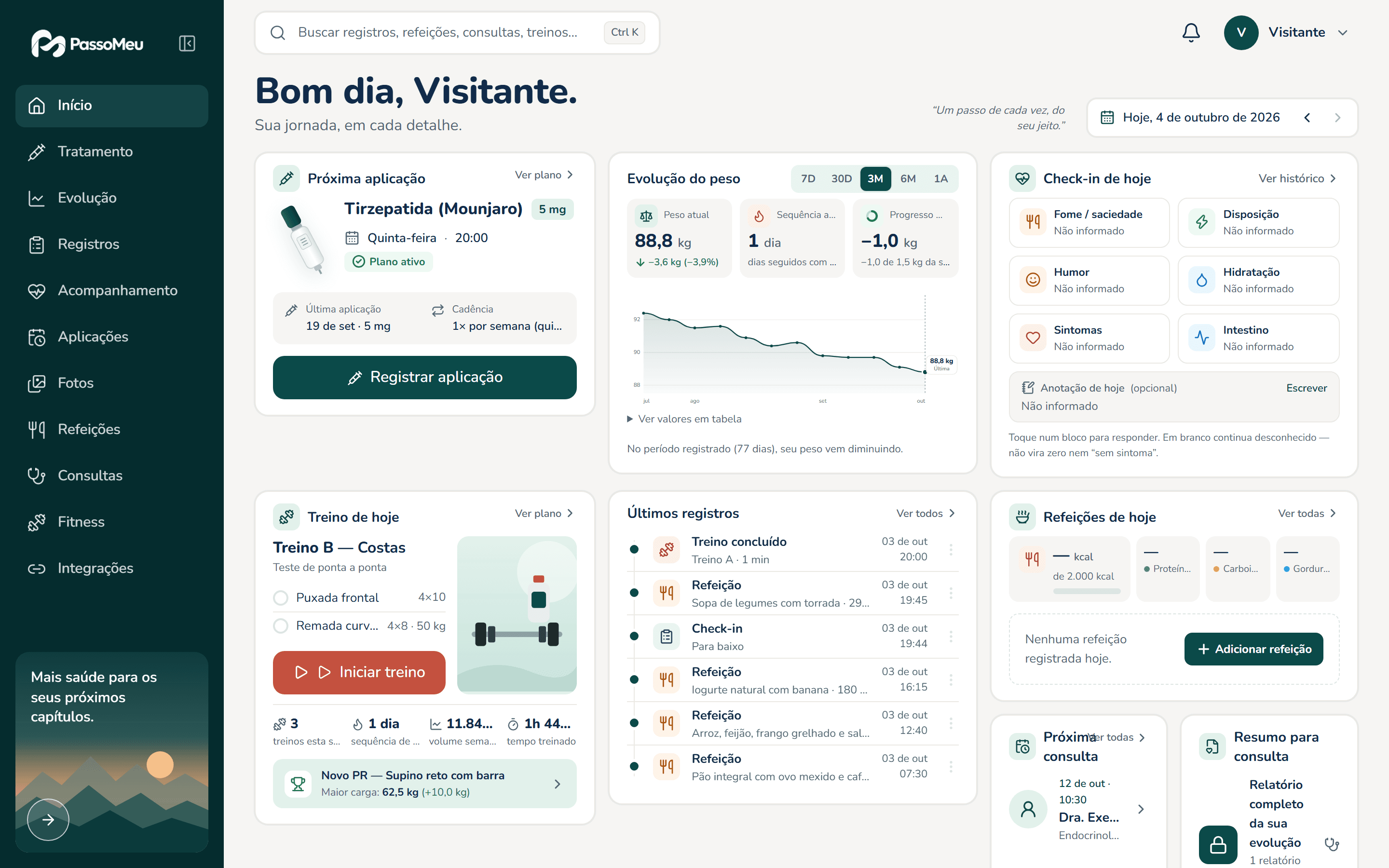 Painel Hoje do PassoMeu na conta de demonstração: próxima aplicação, evolução do peso, check-in de hoje, treino do dia e últimos registros.